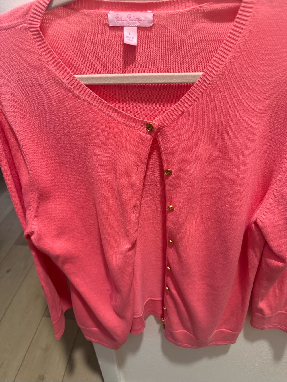 Lilly Pulitzer Cardigan Sweater Coral Pink Gold Logo Buttons Size L